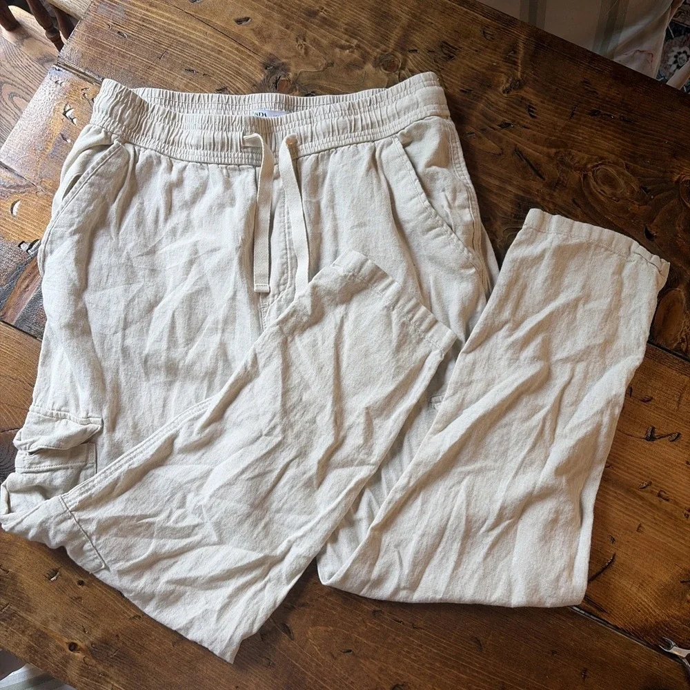 ZARA Linen Blend Pull On Cargo Pants Resort Wear Coastal Cowgirl Size L